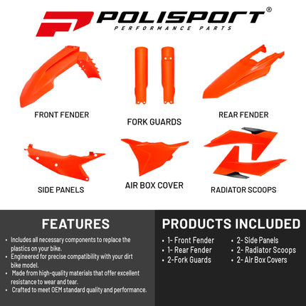 Polisport Motocross (MX) Replica Plastic Kit for KTM EXC/XCF/XCW/XW-F (2024-25) Dirt Bike – OEM Quality, Durable, Flexible & Perfect Fit – Orange/Black