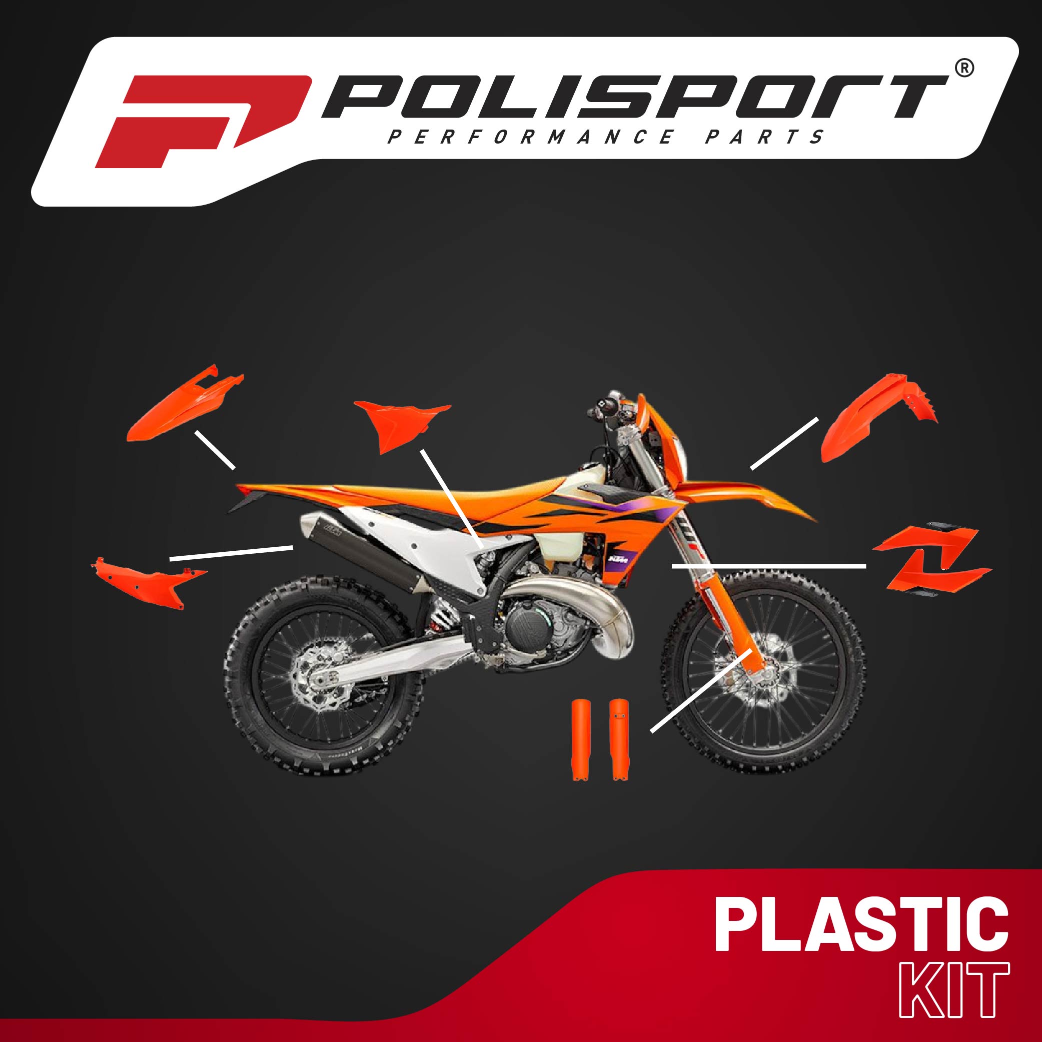 Polisport Motocross (MX) Replica Plastic Kit for KTM EXC/XCF/XCW/XW-F (2024-25) Dirt Bike – OEM Quality, Durable, Flexible & Perfect Fit – Orange/Black