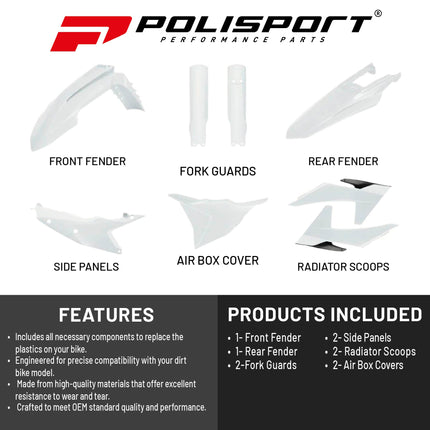 Polisport Motocross (MX) Replica Plastic Kit for KTM EXC/EXC (2024-25) Dirt Bike – OEM Quality, Durable, Flexible & Perfect Fit – White