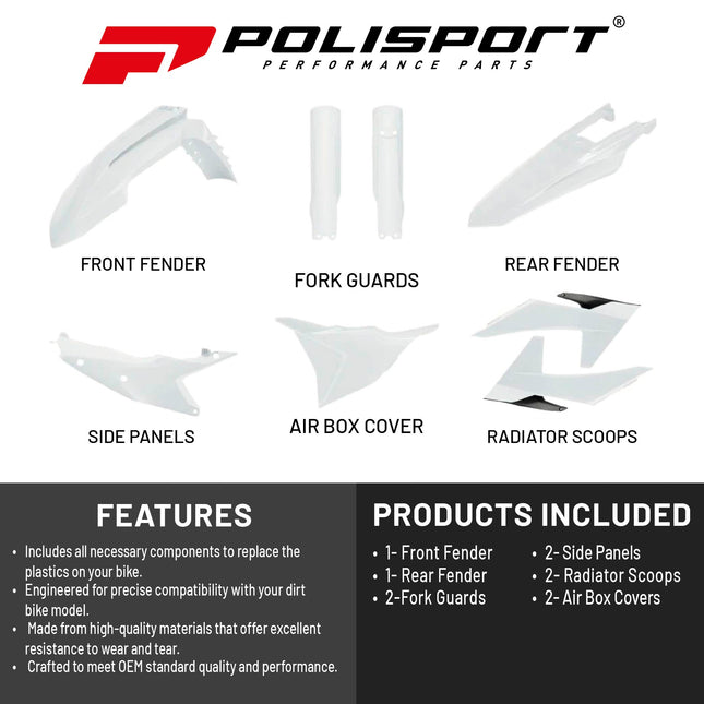 Polisport Motocross (MX) Replica Plastic Kit for KTM EXC/EXC (2024-25) Dirt Bike – OEM Quality, Durable, Flexible & Perfect Fit – White