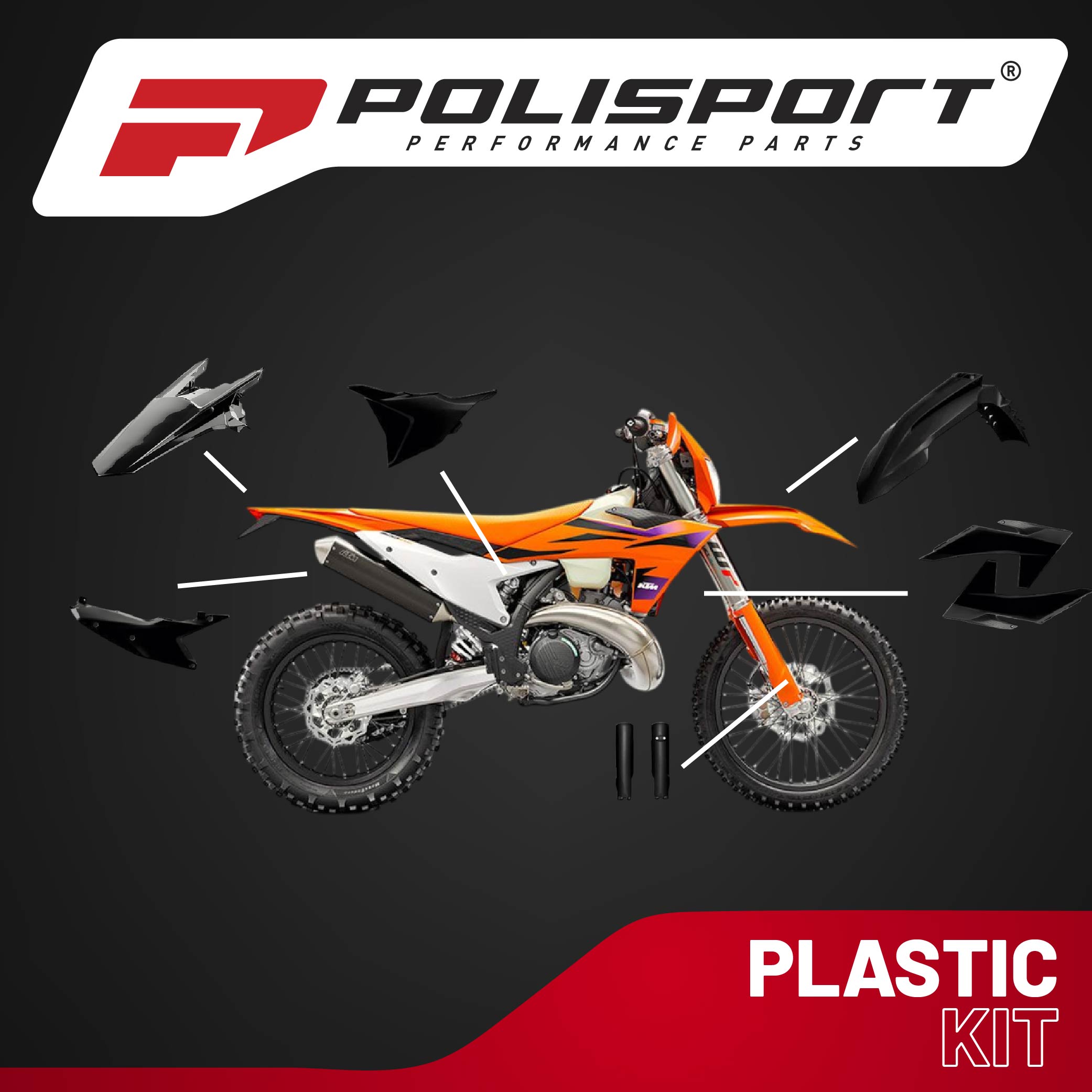 Polisport Motocross (MX) Replica Plastic Kit for KTM EXC/XC-W (2024) Dirt Bike – OEM Quality, Durable, Flexible & Perfect Fit – Black