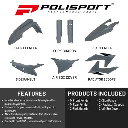 Polisport Motocross (MX) Replica Plastic Kit for KTM EXC/XC-W (2024) Dirt Bike – OEM Quality, Durable, Flexible & Perfect Fit – Nardo Grey