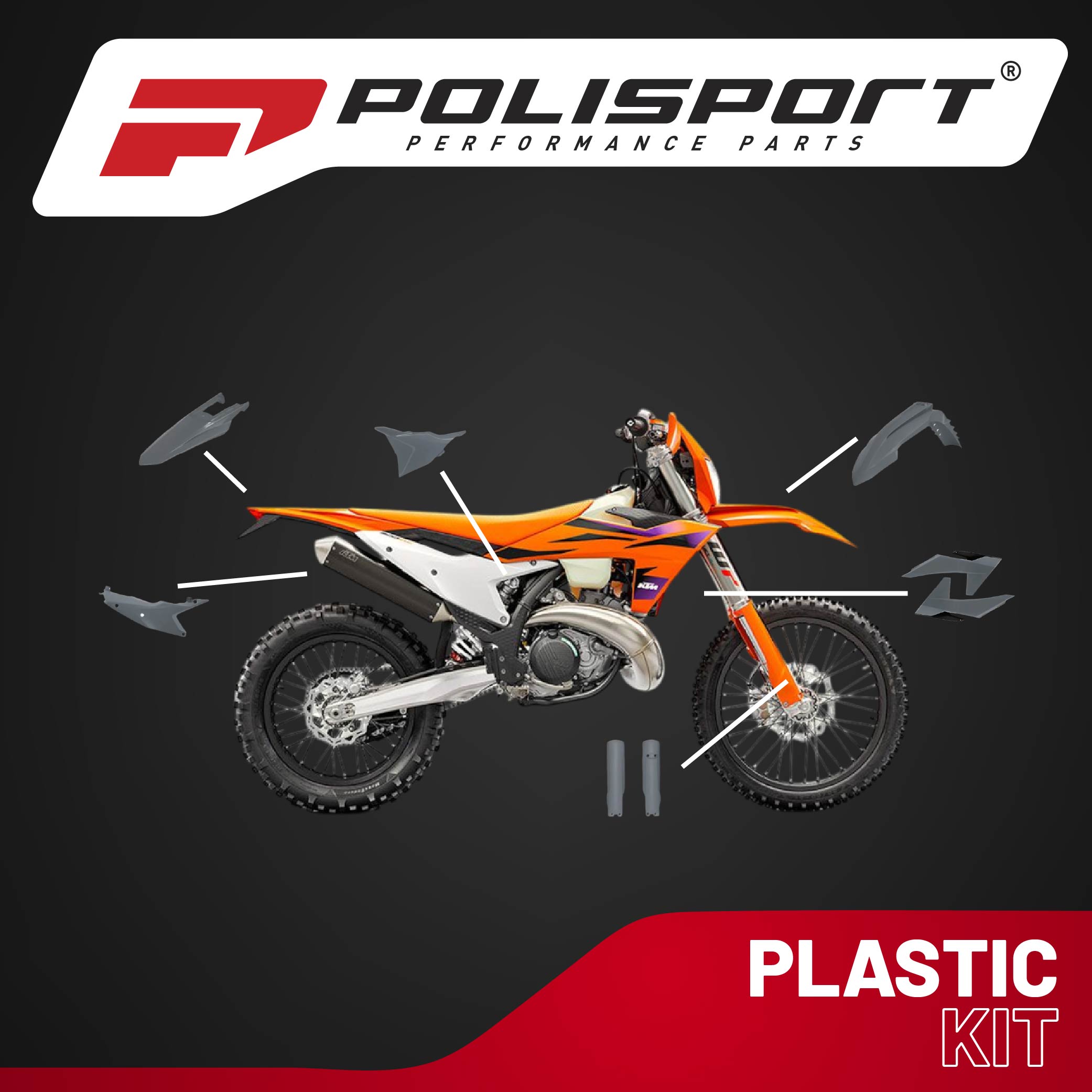 Polisport Motocross (MX) Replica Plastic Kit for KTM EXC/XC-W (2024) Dirt Bike – OEM Quality, Durable, Flexible & Perfect Fit – Nardo Grey