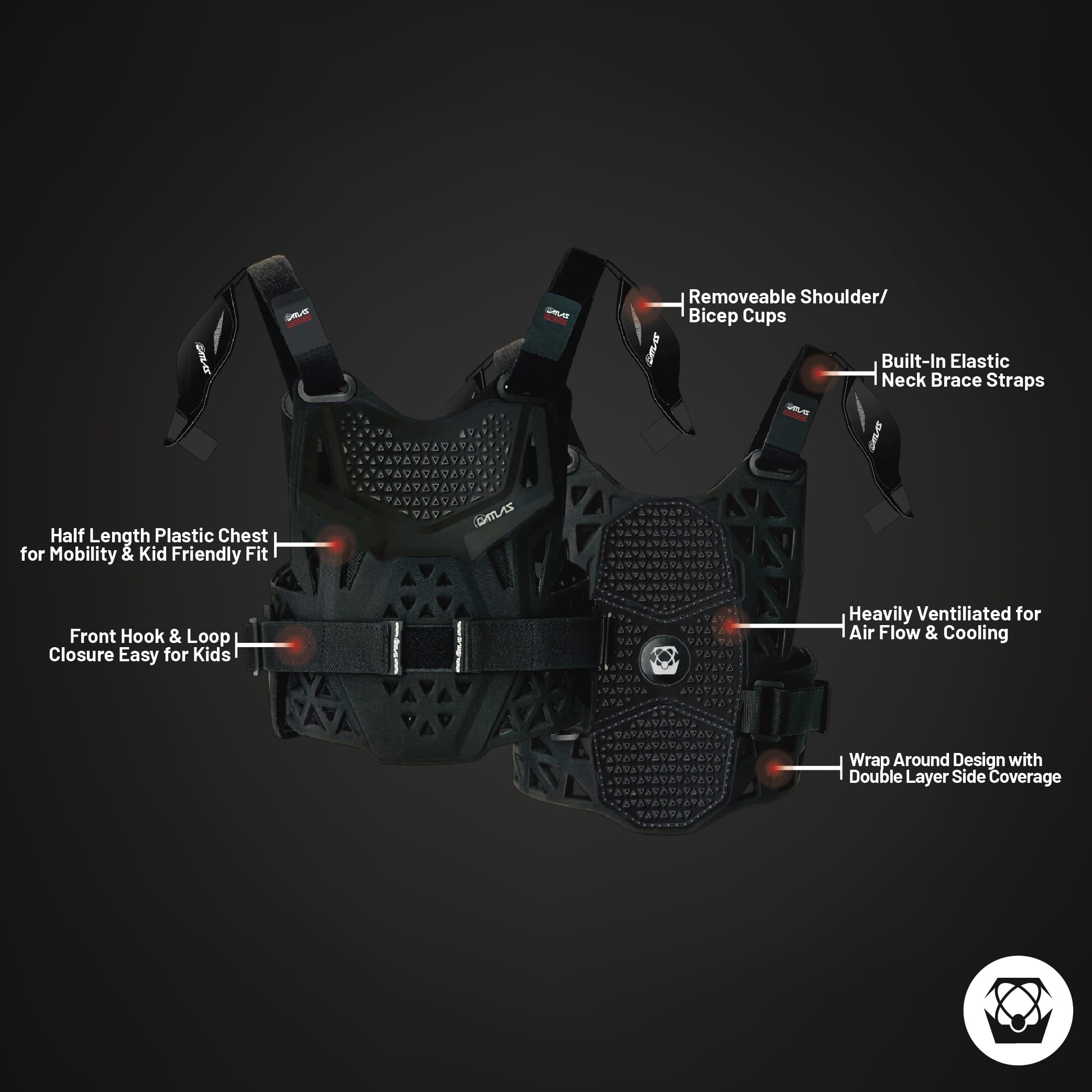 Atlas Charger PeeWee Black + Shoulders A1020-01-000 - CE Certified Youth Neck Brace with Adjustable Shoulder Pads, Lightweight Impact-Resistant Protection for Motocross, BMX, and Extreme Sports