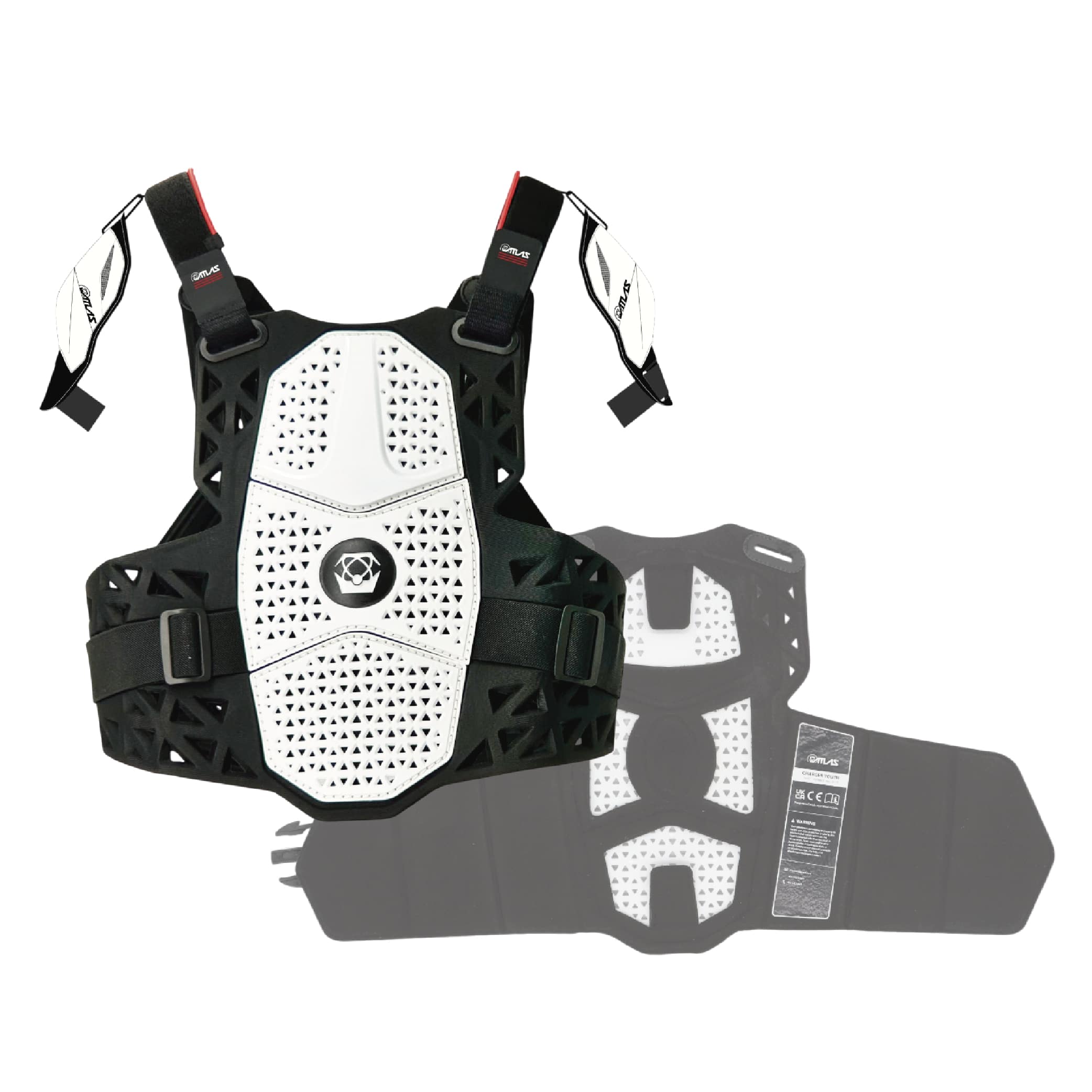 Atlas Charger Youth White + Shoulders A1040-00-000 - CE Stoneshield Certified Youth Neck Brace with Adjustable Shoulder Pads, Lightweight Impact-Resistant Protection for Motocross, BMX, and Extreme Sports