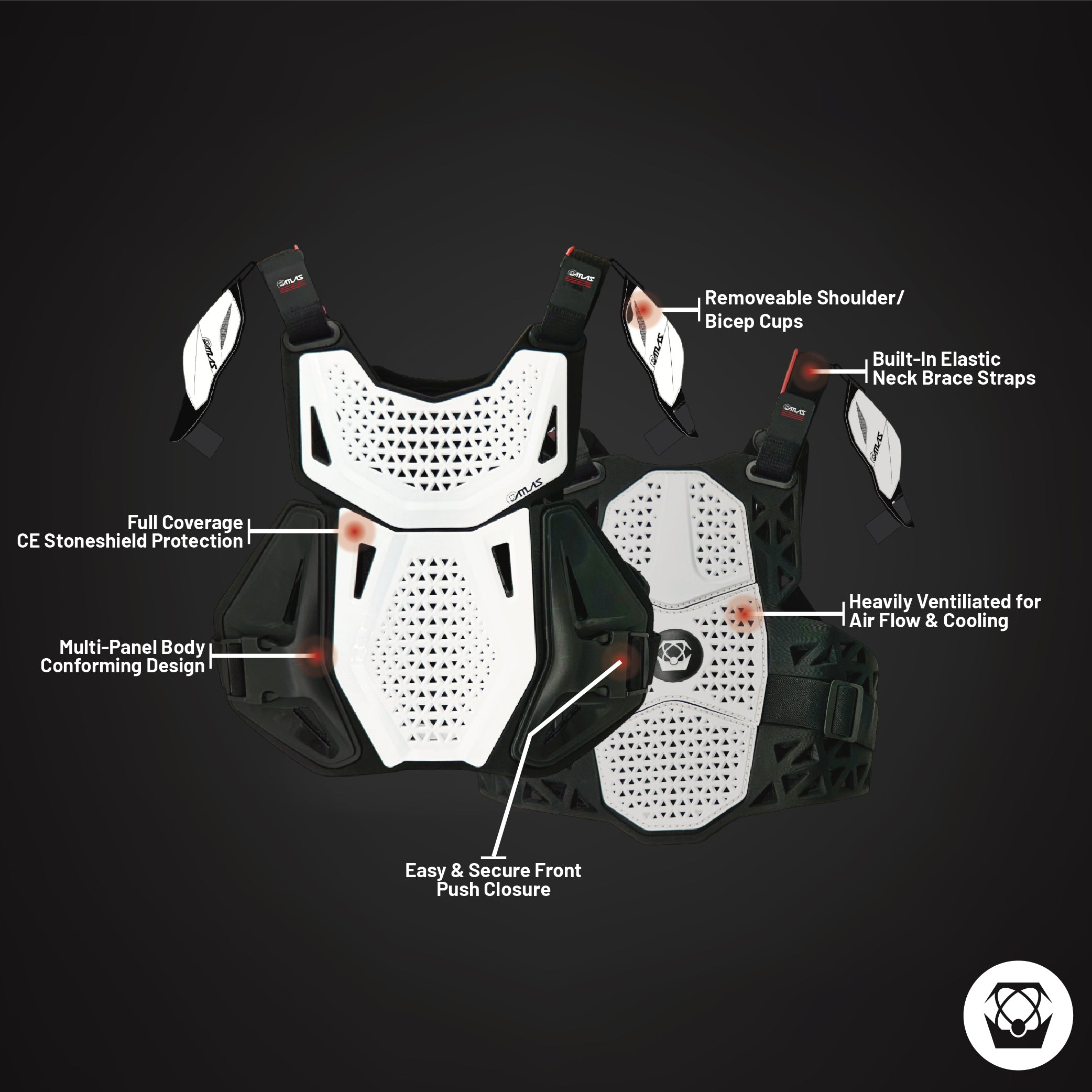 Atlas Charger Youth White + Shoulders A1040-00-000 - CE Stoneshield Certified Youth Neck Brace with Adjustable Shoulder Pads, Lightweight Impact-Resistant Protection for Motocross, BMX, and Extreme Sports