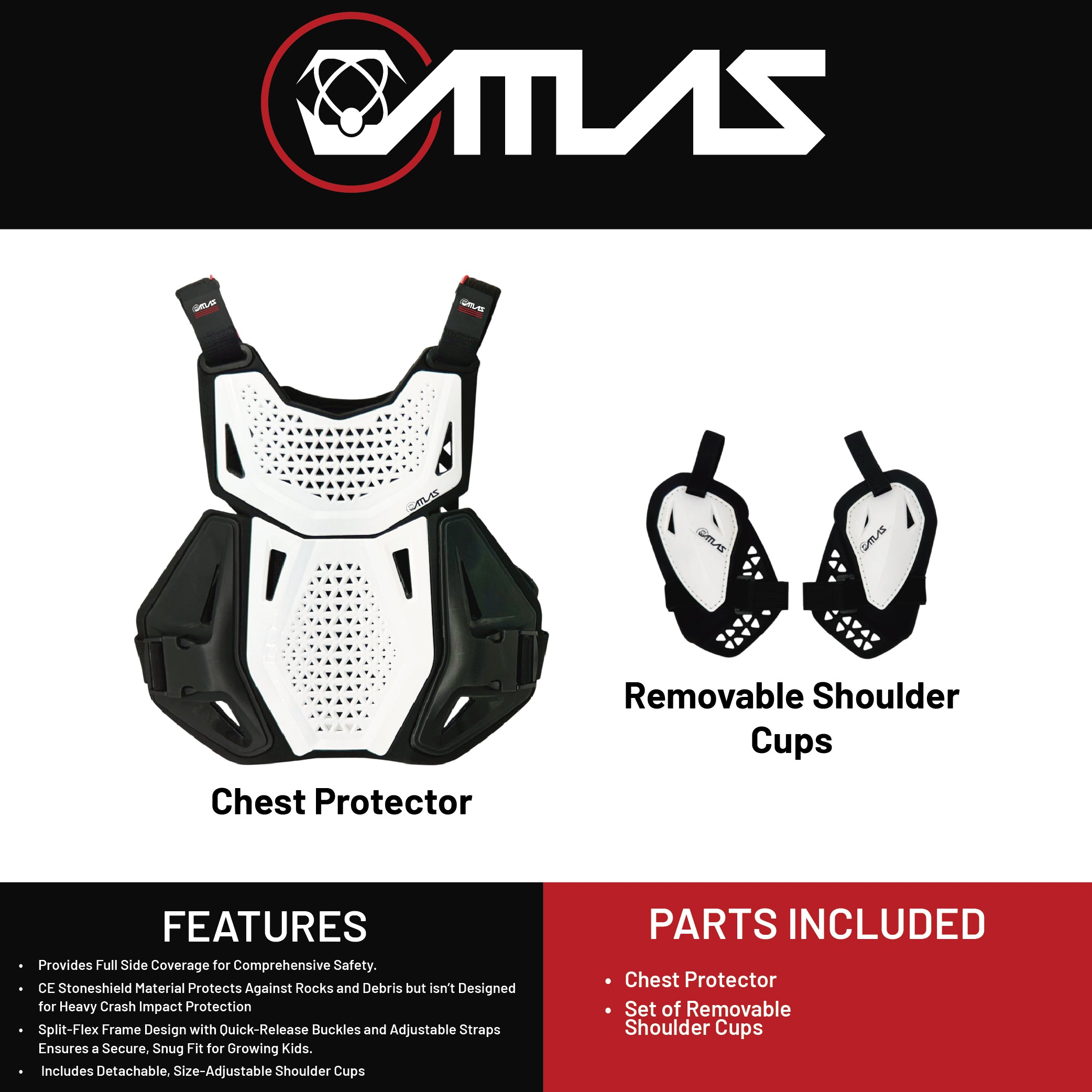 Atlas Charger Youth White + Shoulders A1040-00-000 - CE Stoneshield Certified Youth Neck Brace with Adjustable Shoulder Pads, Lightweight Impact-Resistant Protection for Motocross, BMX, and Extreme Sports