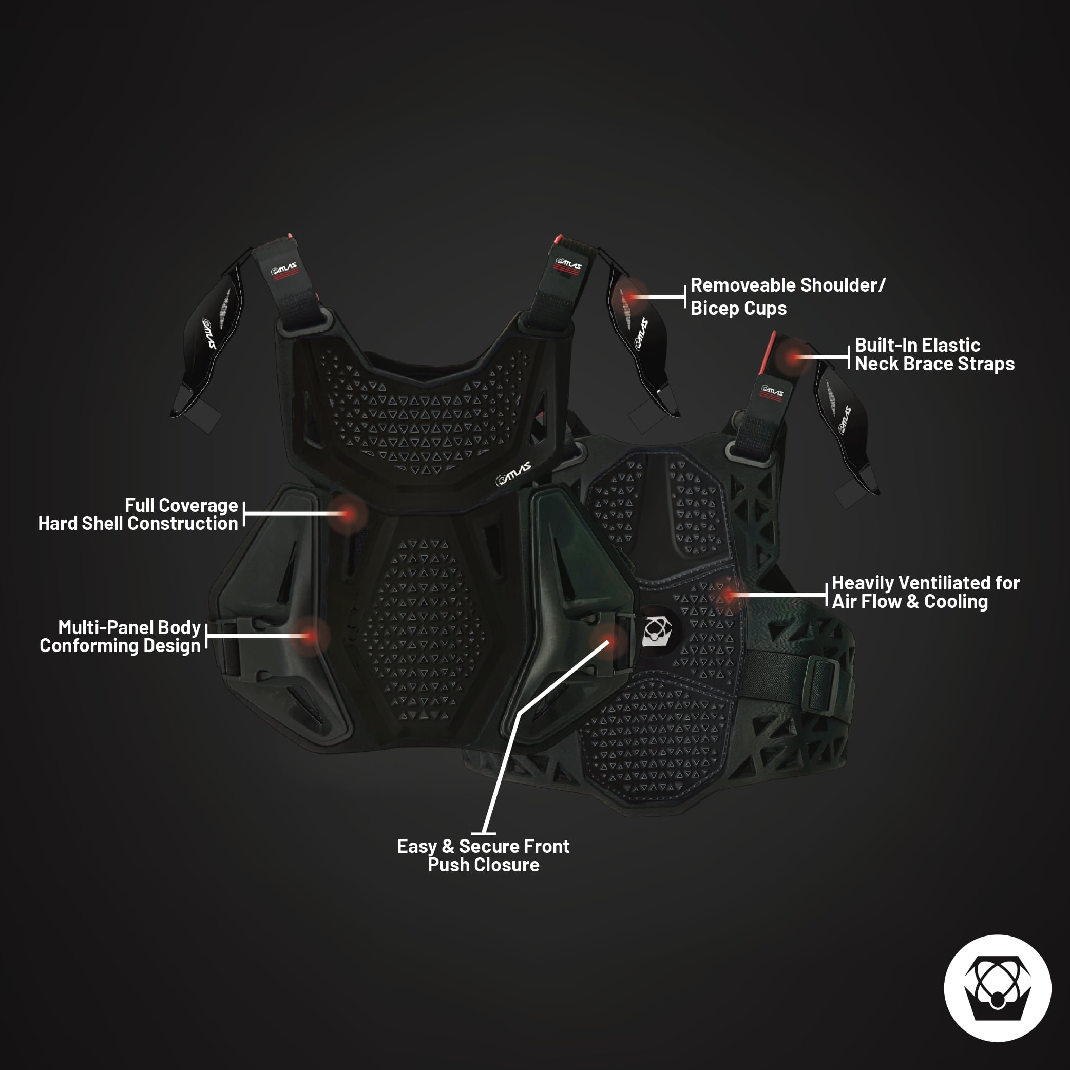 Atlas Charger Youth Black + Shoulders A1040-01-000 - CE Stoneshield Youth Neck Brace with Adjustable Shoulder Pads, Lightweight Impact-Resistant Protection for Motocross, BMX, and Extreme Sports