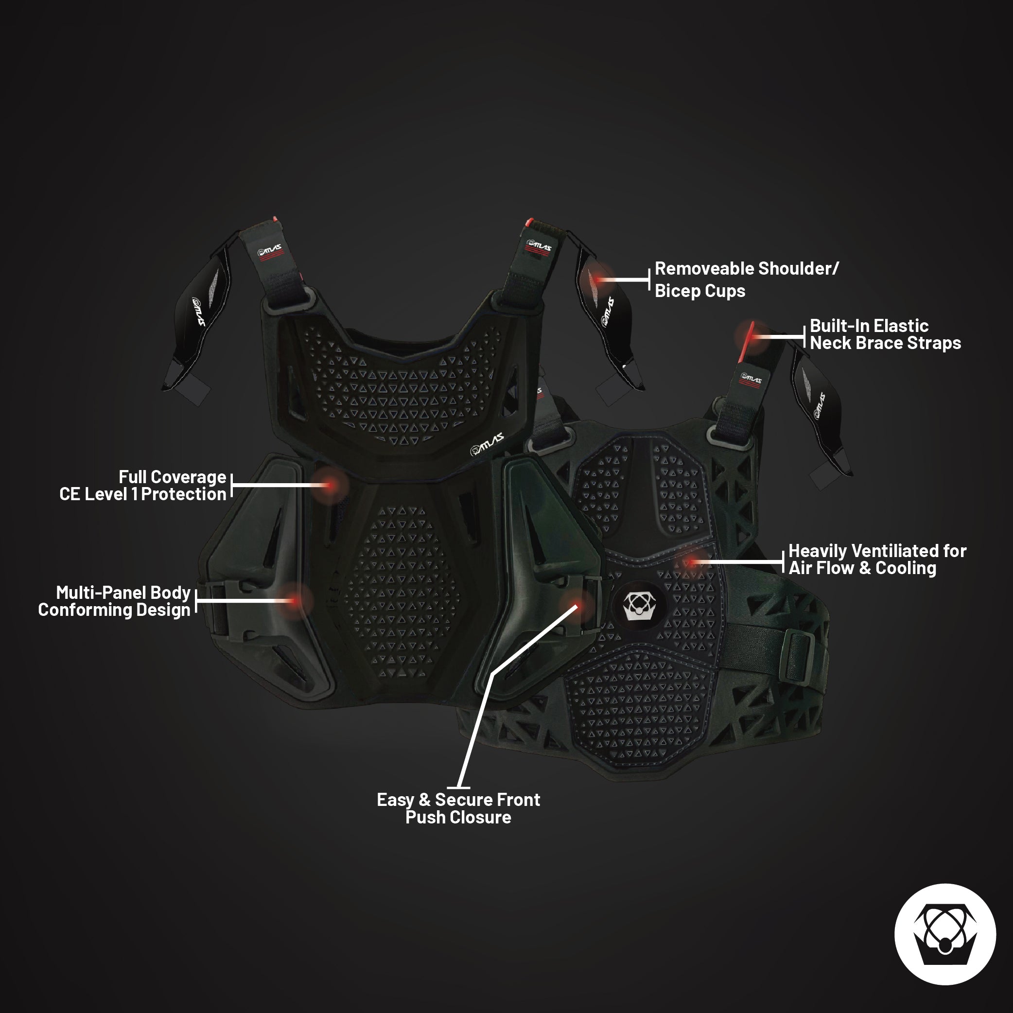 Atlas Charger Youth Black + Shoulders A1040-01-000 - CE Stoneshield Youth Neck Brace with Adjustable Shoulder Pads, Lightweight Impact-Resistant Protection for Motocross, BMX, and Extreme Sports