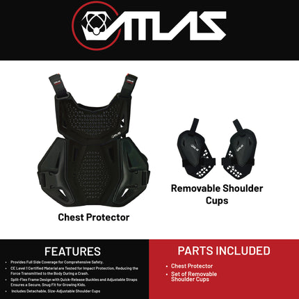 Atlas Charger Youth Black + Shoulders A1040-01-000 - CE Stoneshield Youth Neck Brace with Adjustable Shoulder Pads, Lightweight Impact-Resistant Protection for Motocross, BMX, and Extreme Sports