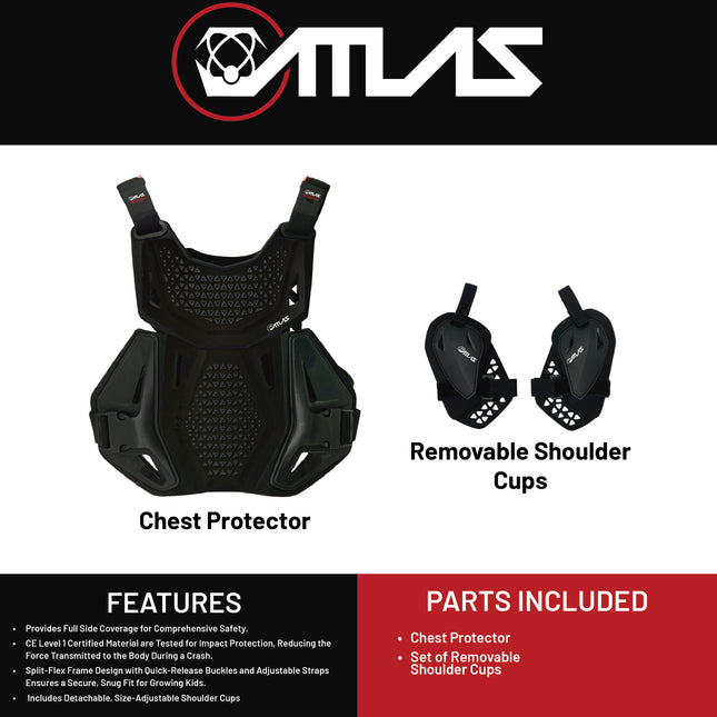 Atlas Charger Youth Black + Shoulders A1040-01-000 - CE Stoneshield Youth Neck Brace with Adjustable Shoulder Pads, Lightweight Impact-Resistant Protection for Motocross, BMX, and Extreme Sports