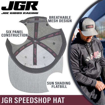 Joe Gibbs Racing Light Grey Rubber Patch Logo Polyester Flatbill Mesh Trucker Hat with Snapback Closure