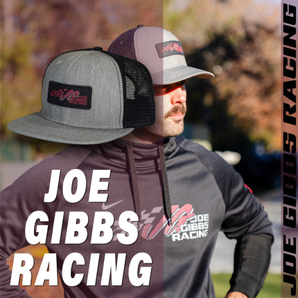 Joe Gibbs Racing Light Grey Rubber Patch Logo Polyester Flatbill Mesh Trucker Hat with Snapback Closure