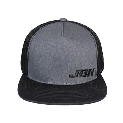 Joe Gibbs Racing Dark Grey Embroidered JGR Logo Polyester Flatbill Mesh Trucker Hat with Snapback Closure