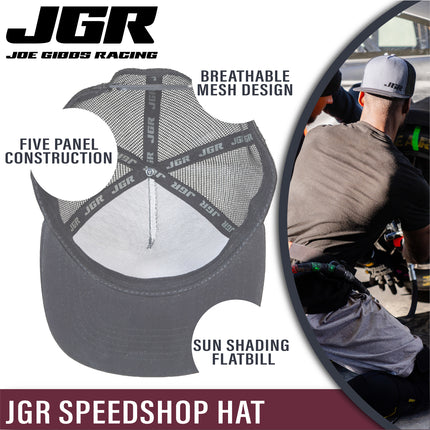 Joe Gibbs Racing Dark Grey Embroidered JGR Logo Polyester Flatbill Mesh Trucker Hat with Snapback Closure