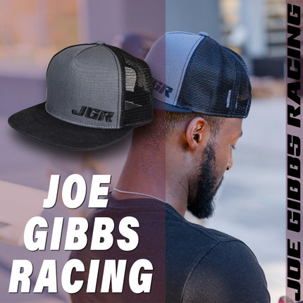 Joe Gibbs Racing Dark Grey Embroidered JGR Logo Polyester Flatbill Mesh Trucker Hat with Snapback Closure