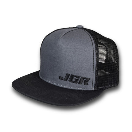 Joe Gibbs Racing Dark Grey Embroidered JGR Logo Polyester Flatbill Mesh Trucker Hat with Snapback Closure