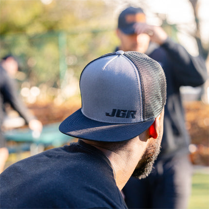 Joe Gibbs Racing Dark Grey Embroidered JGR Logo Polyester Flatbill Mesh Trucker Hat with Snapback Closure