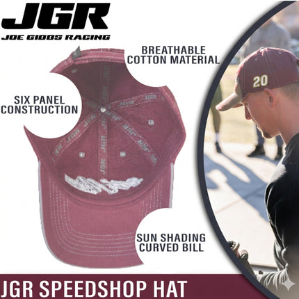 Joe Gibbs Racing #20 Maroon Cotton Baseball Cap with Embroidered Logo & Adjustable Hook and Loop Closure