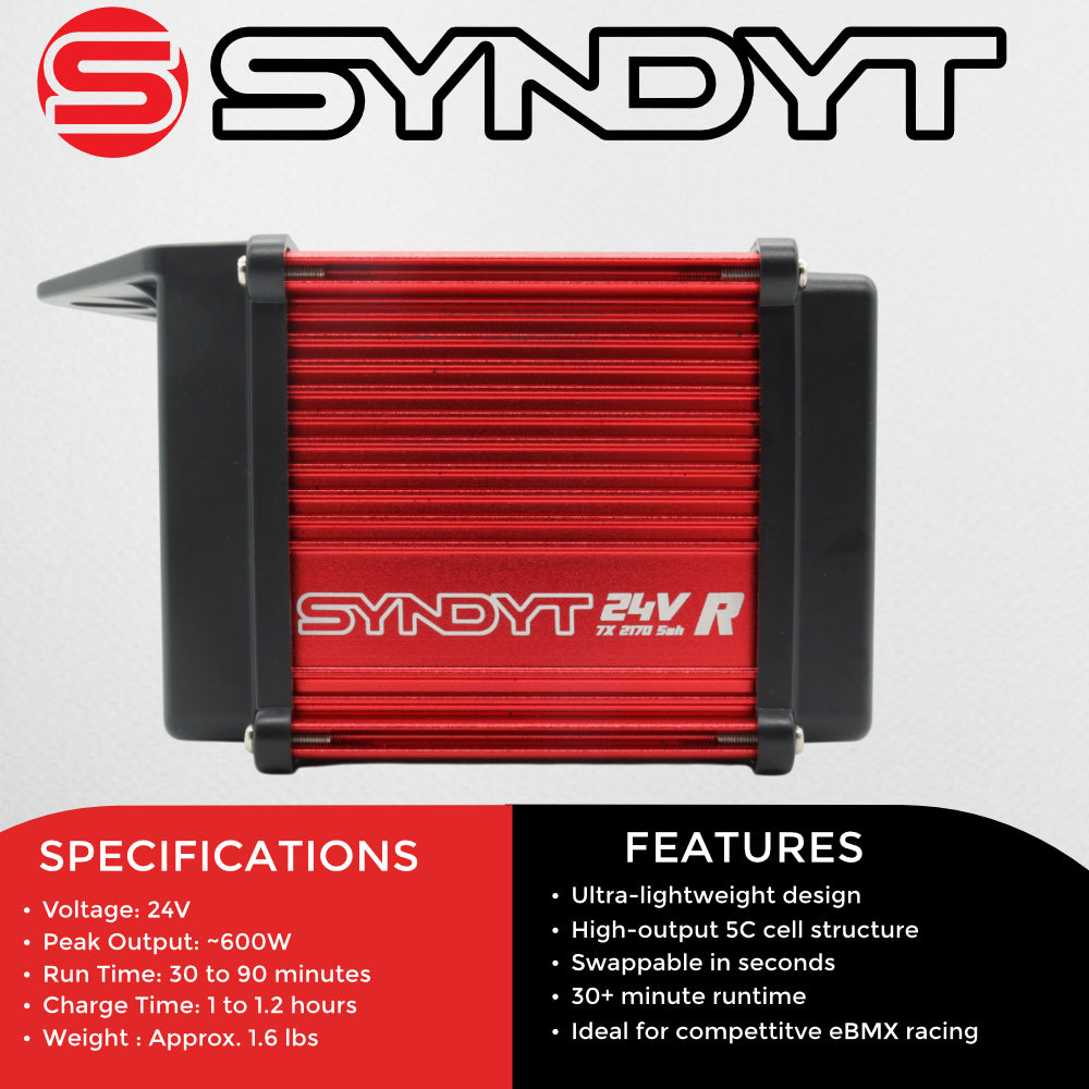 SYNDYT SYR 120 24V 5Ah Race Battery, Lithium-Ion Replacement Battery for SYR 120 and other SYNDYT 24V eBMX race frames. Charge time gives 30-90minutes of runtime.