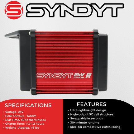 SYNDYT SYR 120 24V 5Ah Race Battery, Lithium-Ion Replacement Battery for SYR 120 and other SYNDYT 24V eBMX race frames. Charge time gives 30-90minutes of runtime.