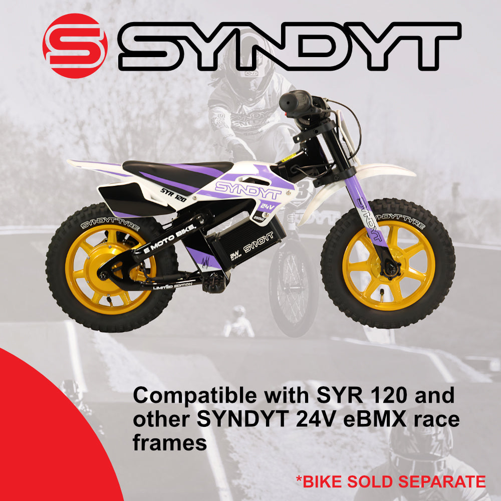 SYNDYT SYR 120 24V 5Ah Race Battery, Lithium-Ion Replacement Battery for SYR 120 and other SYNDYT 24V eBMX race frames. Charge time gives 30-90minutes of runtime.