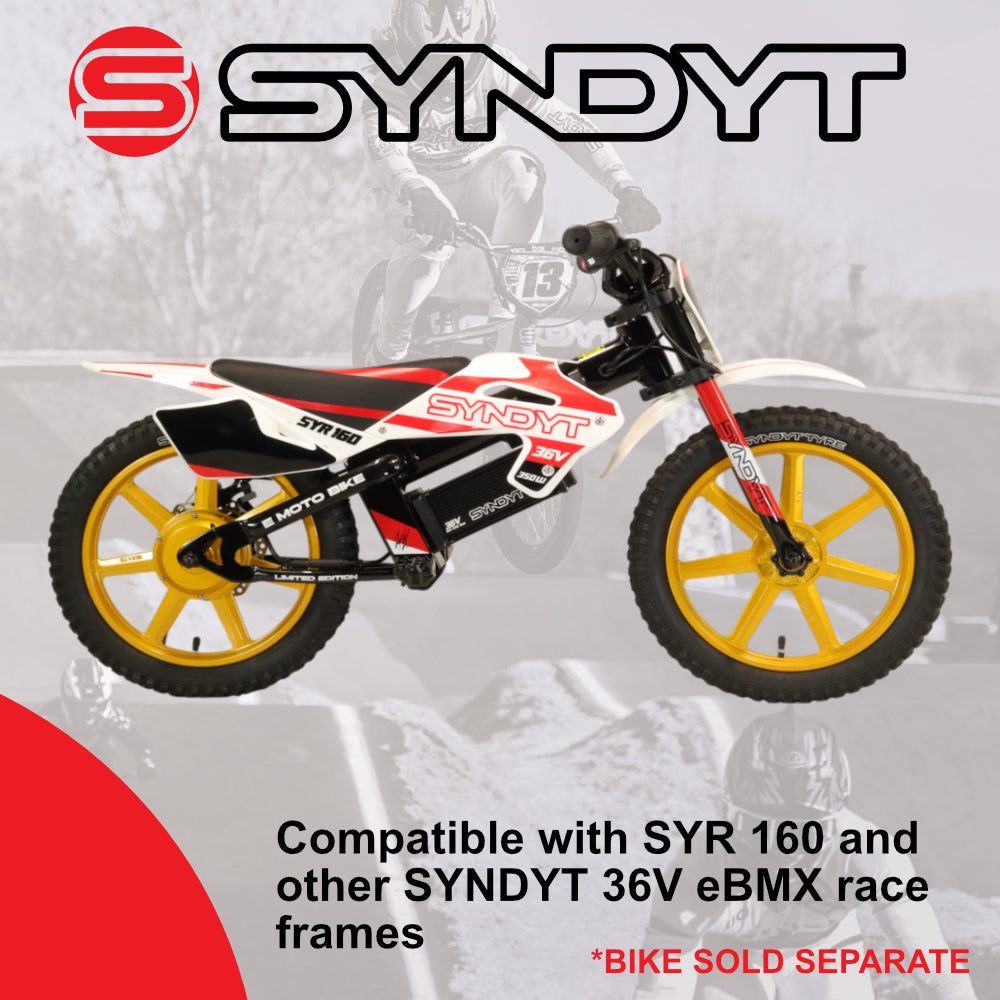 SYNDYT SYR 160 36V 5Ah Race Battery, Lithium-Ion Replacement Battery for SYNDYT SYR 160 and other SYNDYT 36V eBMX race platforms. Charge time gives 30-90minutes of runtime.