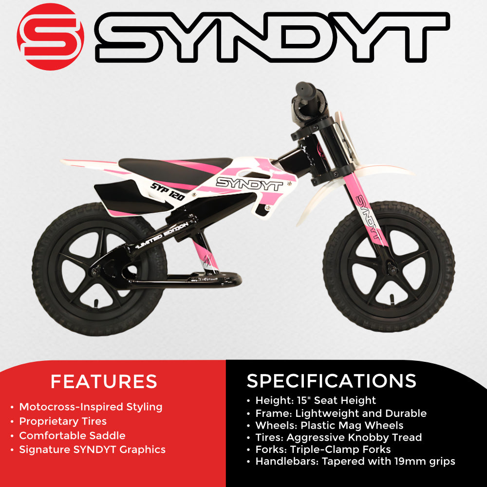Syndyt SYP 120 12" Lightweight Balance Push Bike for Kids Ages 2-5 with 15" Seat and Lightweight, durable frame (Pink/White)