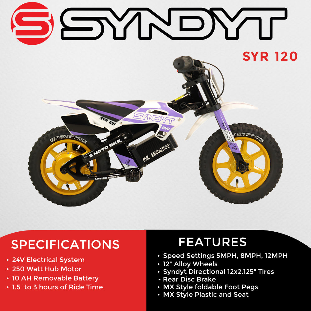 SYNDYT SYR 120 12" Electric Balance Bike for Kids Ages 3-5, 24V 10Ah Battery, 250W Motor, 5/8/12 MPH Speed Settings, Rear Disc Brake, MX-Style Foot Pegs, 12" Alloy Wheels, Lavender/White
