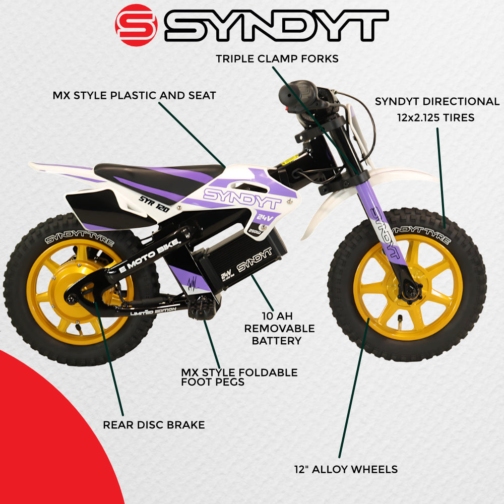 SYNDYT SYR 120 12" Electric Balance Bike for Kids Ages 3-5, 24V 10Ah Battery, 250W Motor, 5/8/12 MPH Speed Settings, Rear Disc Brake, MX-Style Foot Pegs, 12" Alloy Wheels, Lavender/White