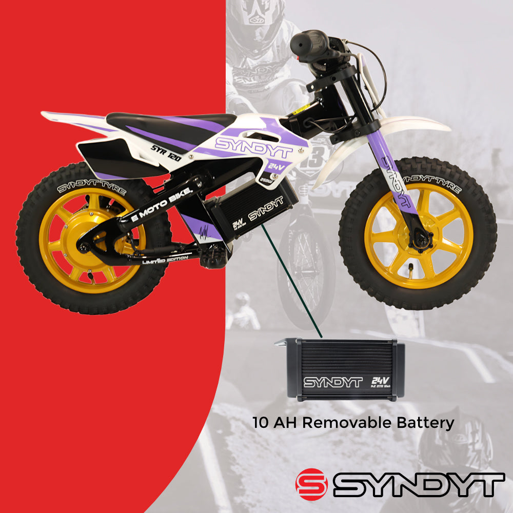 SYNDYT SYR 120 12" Electric Balance Bike for Kids Ages 3-5, 24V 10Ah Battery, 250W Motor, 5/8/12 MPH Speed Settings, Rear Disc Brake, MX-Style Foot Pegs, 12" Alloy Wheels, Lavender/White