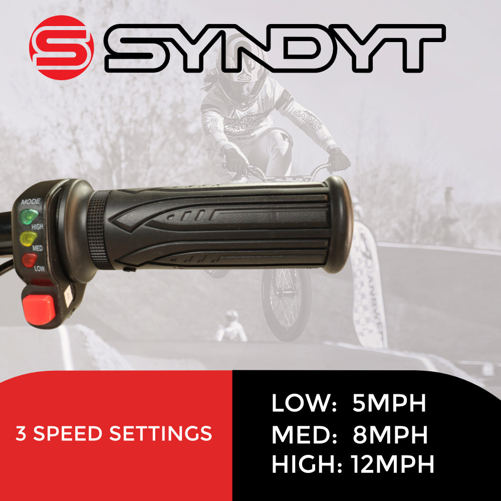 SYNDYT SYR 120 12" Electric Balance Bike for Kids Ages 3-5, 24V 10Ah Battery, 250W Motor, 5/8/12 MPH Speed Settings, Rear Disc Brake, MX-Style Foot Pegs, 12" Alloy Wheels, Lavender/White