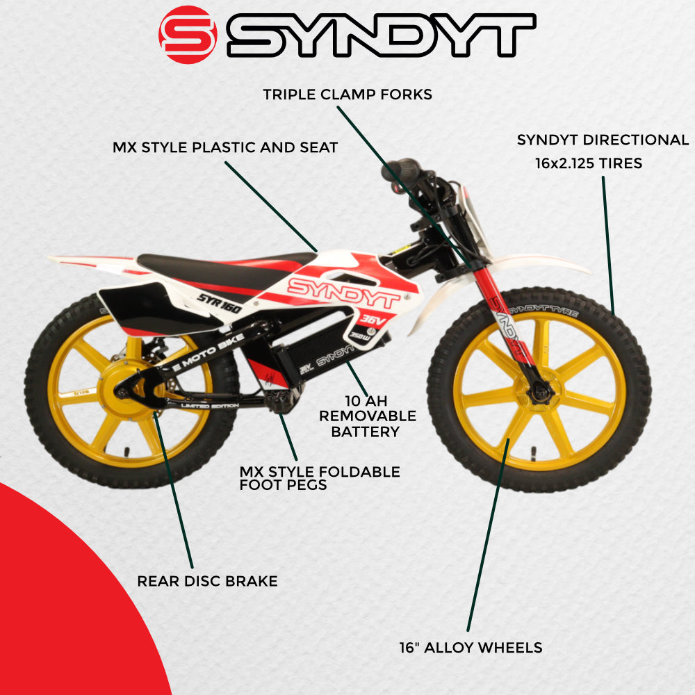 SYNDYT SYR 160 16" Electric Balance Bike for Kids Ages 5-8, 36V 10Ah Battery, 350W Motor, 5/10/16 MPH Speed Settings, Rear Disc Brake, MX-Style Foot Pegs, 16" Alloy Wheels, Red/White