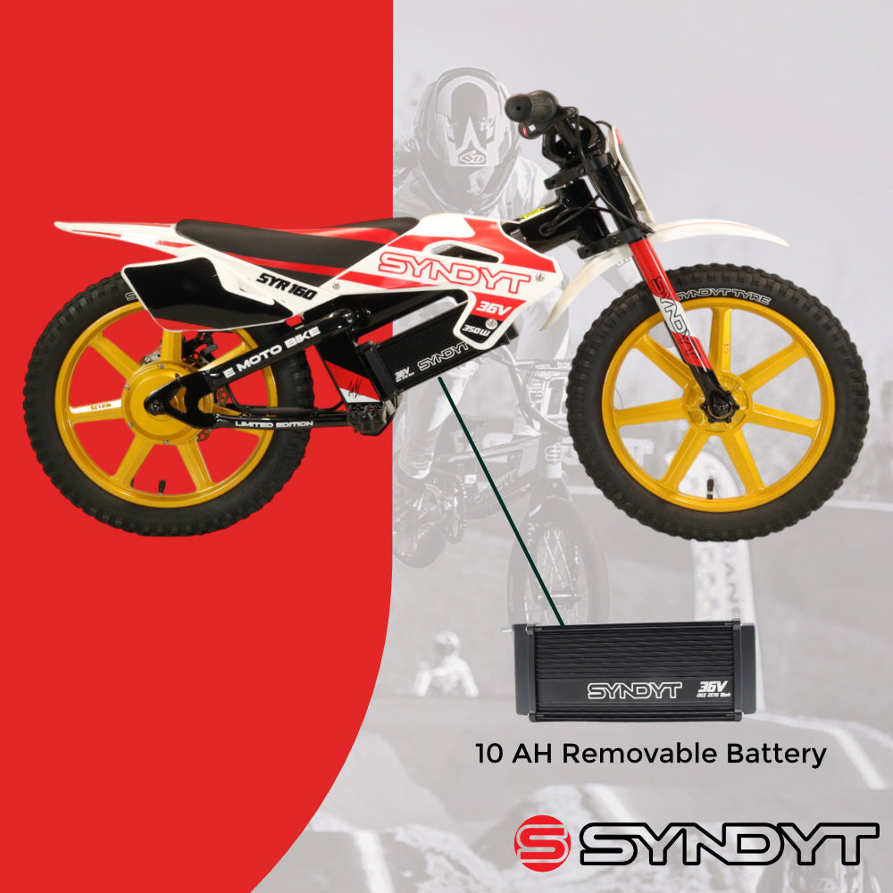 SYNDYT SYR 160 16" Electric Balance Bike for Kids Ages 5-8, 36V 10Ah Battery, 350W Motor, 5/10/16 MPH Speed Settings, Rear Disc Brake, MX-Style Foot Pegs, 16" Alloy Wheels, Red/White