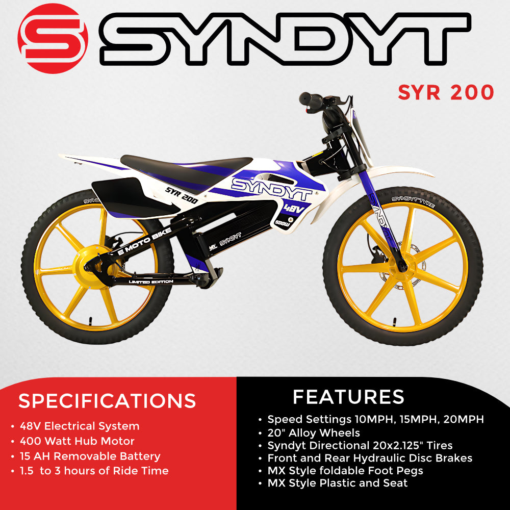 SYNDYT SYR 200 20" Electric Balance Bike for Kids Ages 8-12, 48V 20Ah Battery, 500W Motor, 10/15/20 MPH Speed Settings, Front & Rear Hydraulic Disc Brakes, MX-Style Foot Pegs, 20" Alloy Wheels, Blue/White