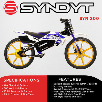 SYNDYT SYR 200 20" Electric Balance Bike for Kids Ages 8-12, 48V 20Ah Battery, 500W Motor, 10/15/20 MPH Speed Settings, Front & Rear Hydraulic Disc Brakes, MX-Style Foot Pegs, 20" Alloy Wheels, Blue/White