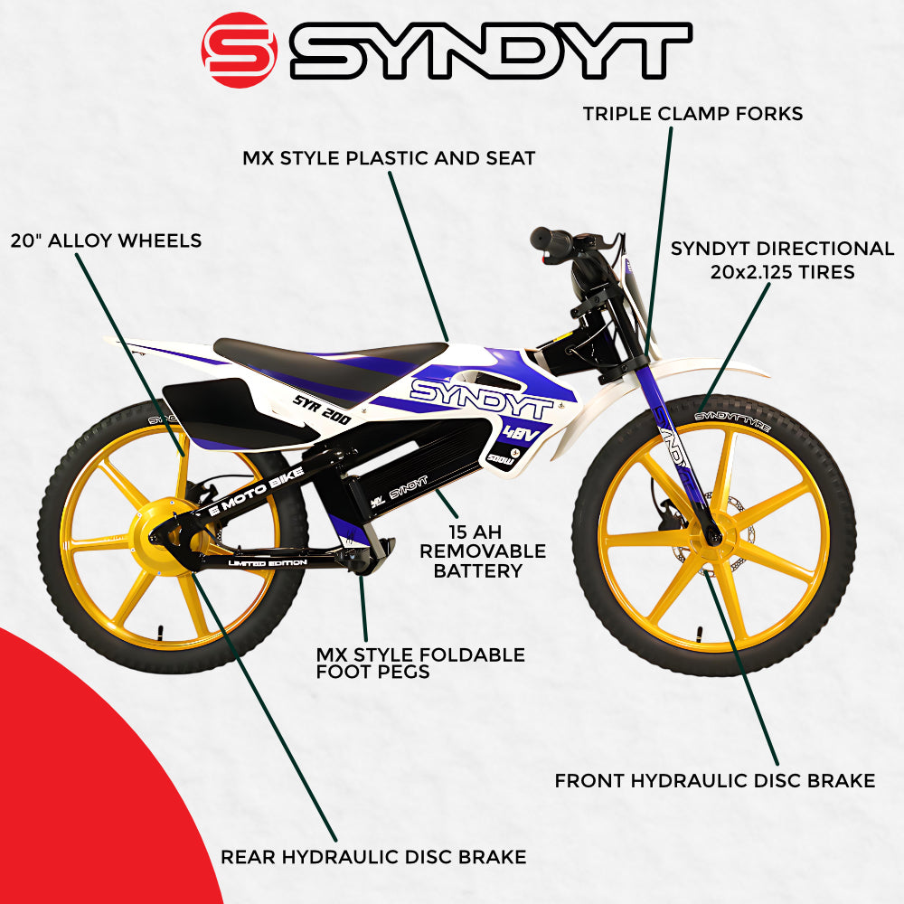 SYNDYT SYR 200 20" Electric Balance Bike for Kids Ages 8-12, 48V 20Ah Battery, 500W Motor, 10/15/20 MPH Speed Settings, Front & Rear Hydraulic Disc Brakes, MX-Style Foot Pegs, 20" Alloy Wheels, Blue/White