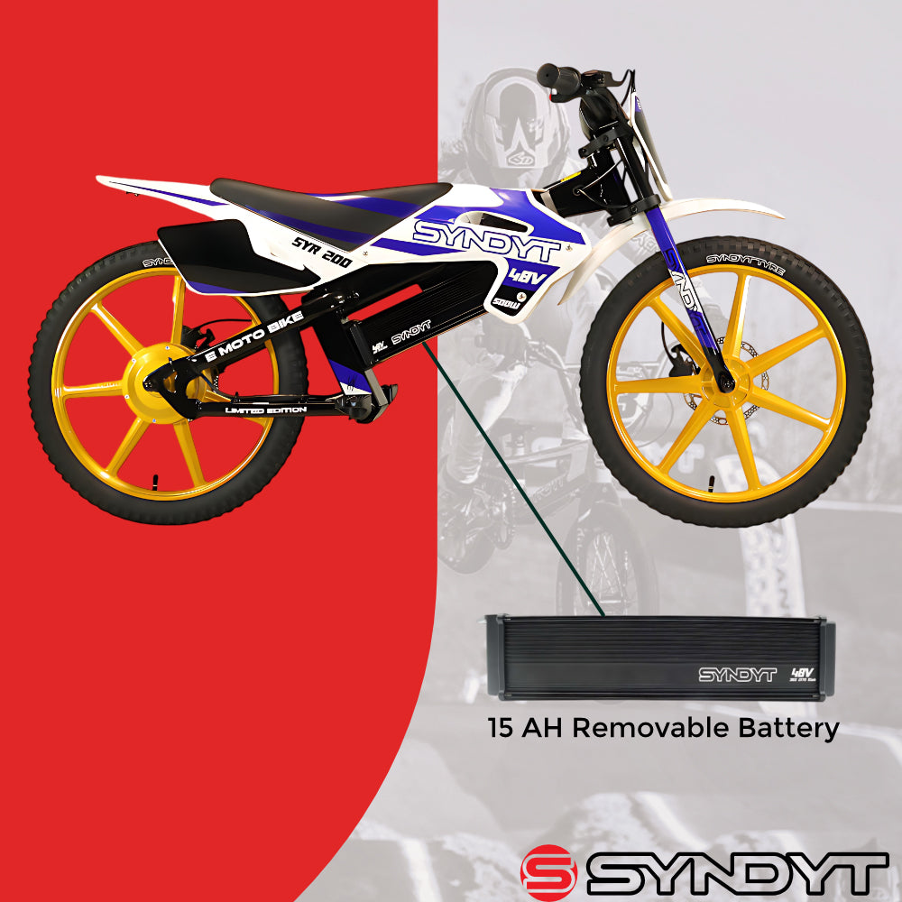 SYNDYT SYR 200 20" Electric Balance Bike for Kids Ages 8-12, 48V 20Ah Battery, 500W Motor, 10/15/20 MPH Speed Settings, Front & Rear Hydraulic Disc Brakes, MX-Style Foot Pegs, 20" Alloy Wheels, Blue/White