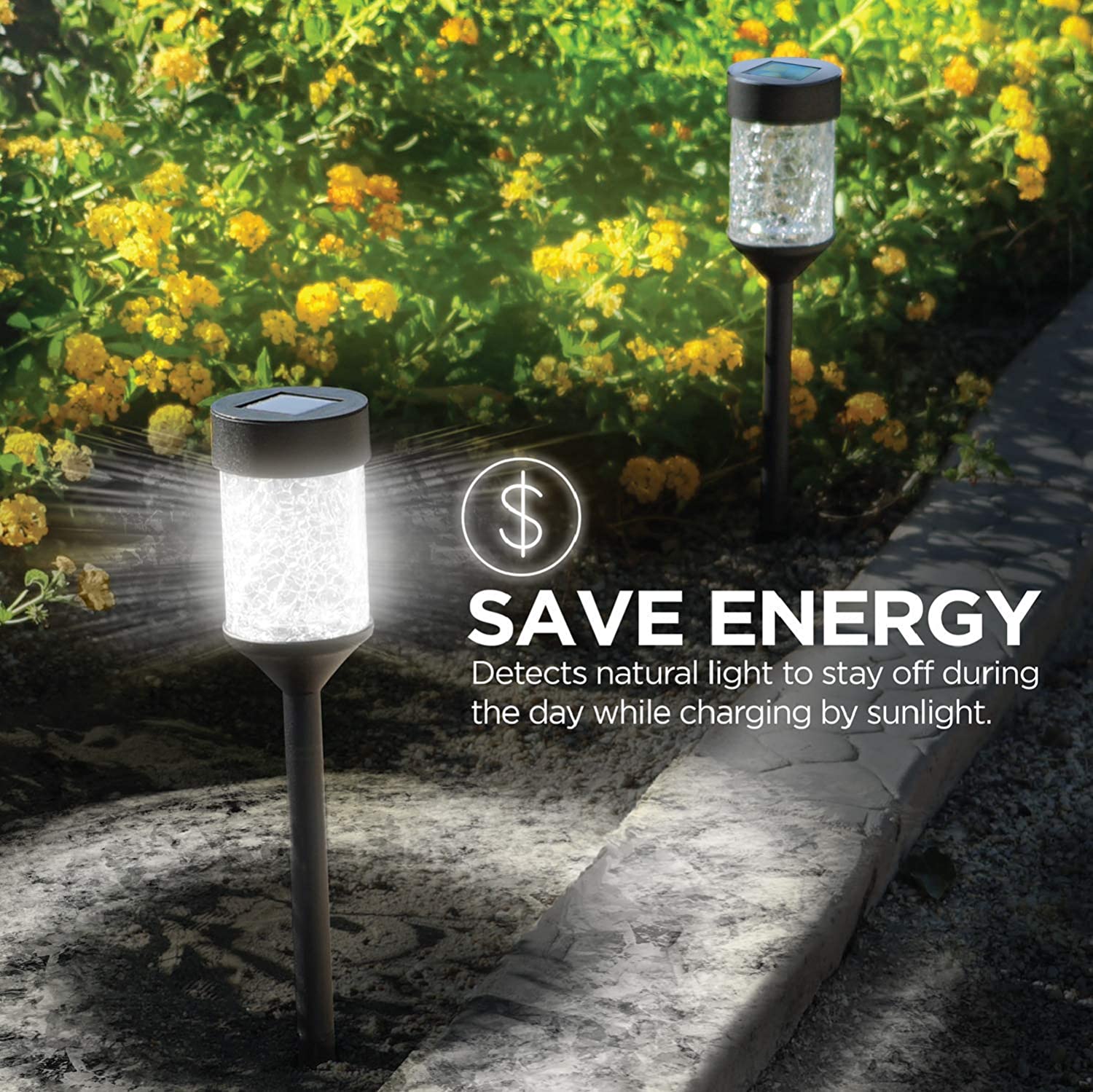 Home Zone Security Black Outdoor Solar Pathway Light - 5000K Crackle Glass Rotating LED Path Lights for Walkway, Yard, & Garden (2 Pack)