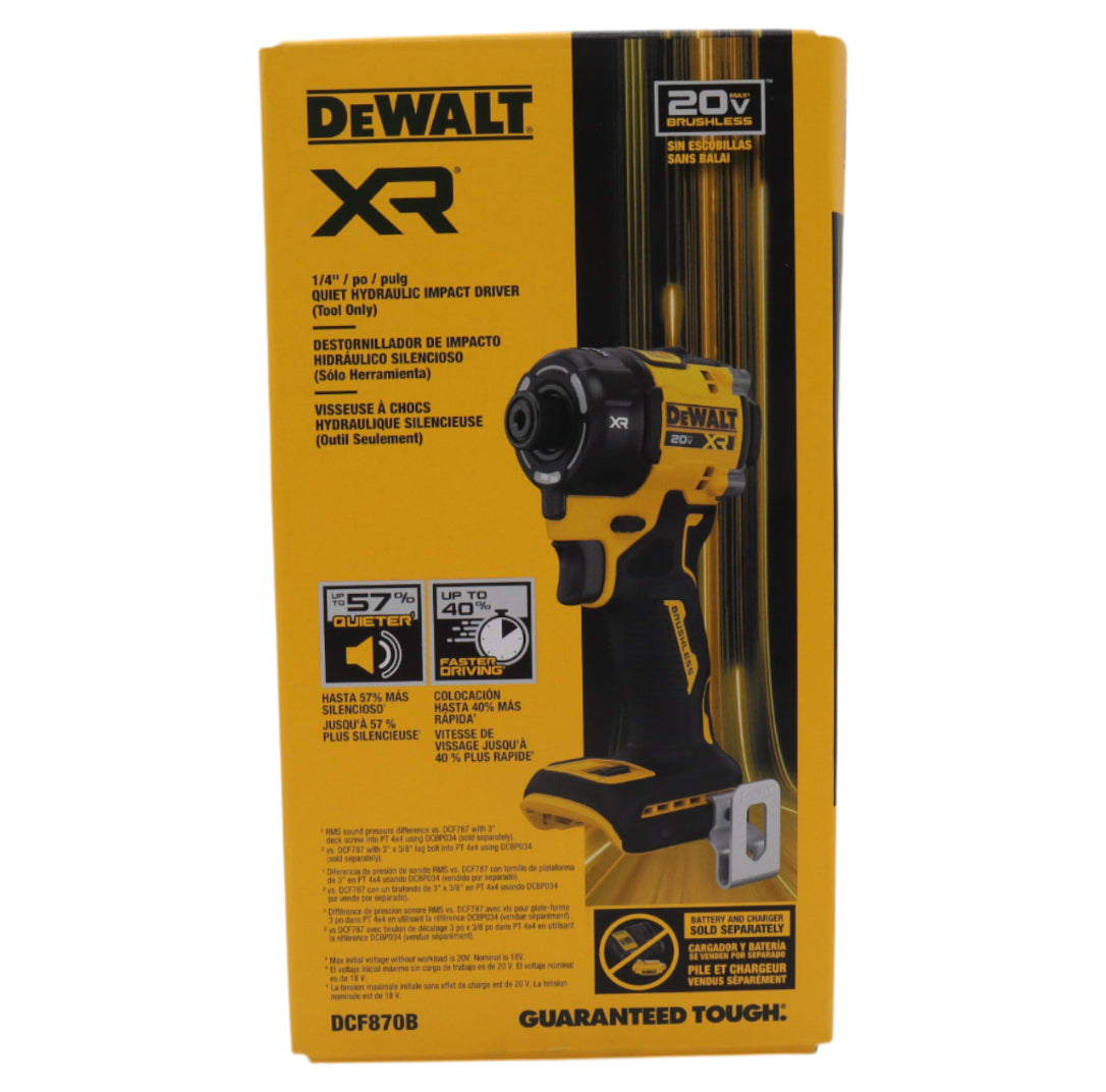 DeWalt DCF870B 20V Compact Cordless Quiet Hydraulic Impact Driver – 1/4″ Hex, 500 in-lb Torque, 0-3000 RPM, 4200 IPM, LED, Low Noise (Tool-Only)