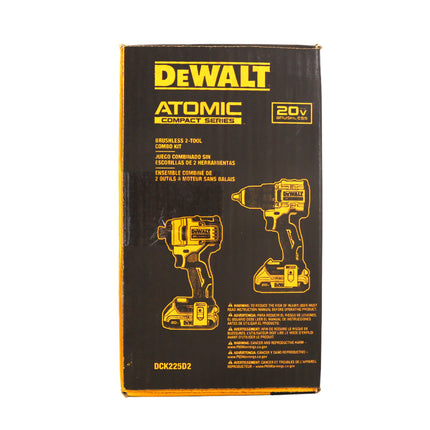 DEWALT DCK225D2 ATOMIC 20V MAX Brushless Compact Drill/Driver & Impact Driver Combo Kit with (2) 2.0Ah Batteries, Charger & Bag
