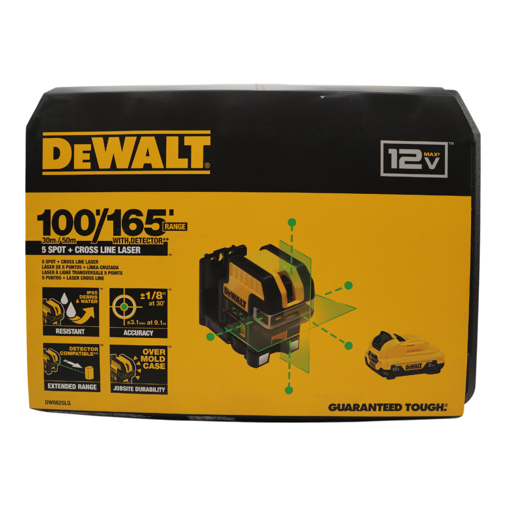 DEWALT 12V MAX 5-Spot and Cross Line Green Beam Laser Level, Cordless, Rechargeable, Professional-Grade with 360-Degree Accuracy (DW0825LG)