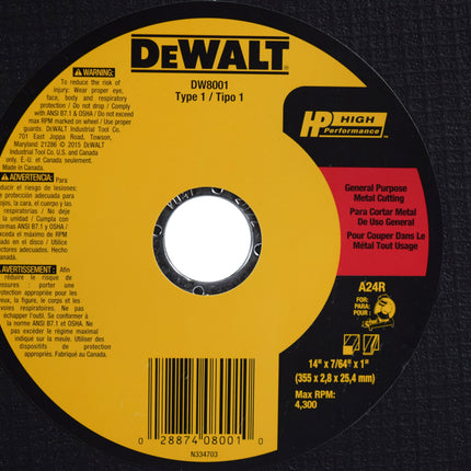 DEWALT DW8001 General Purpose Chop Saw Wheel, 14-Inch X 7/64-Inch X 1-Inch