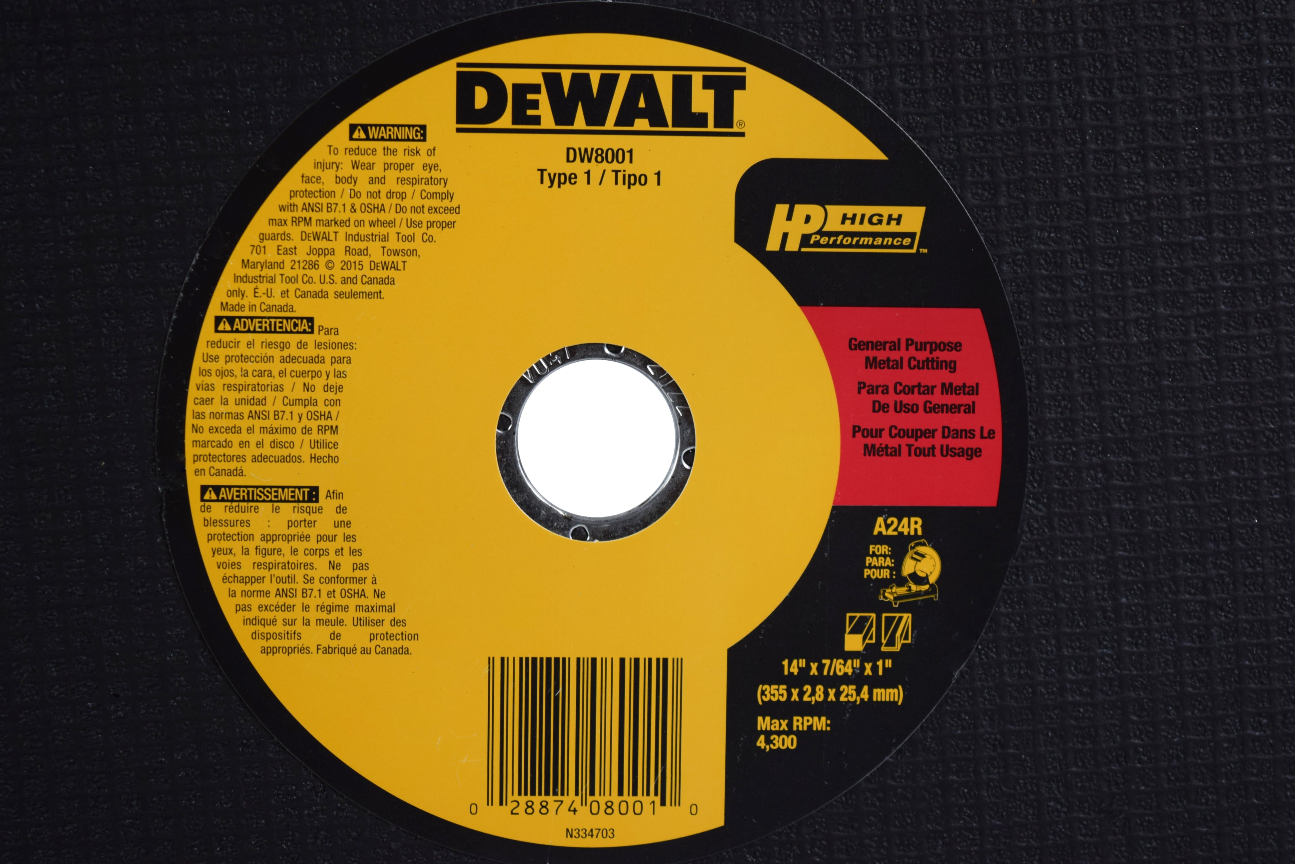 DEWALT DW8001 General Purpose Chop Saw Wheel, 14-Inch X 7/64-Inch X 1-Inch