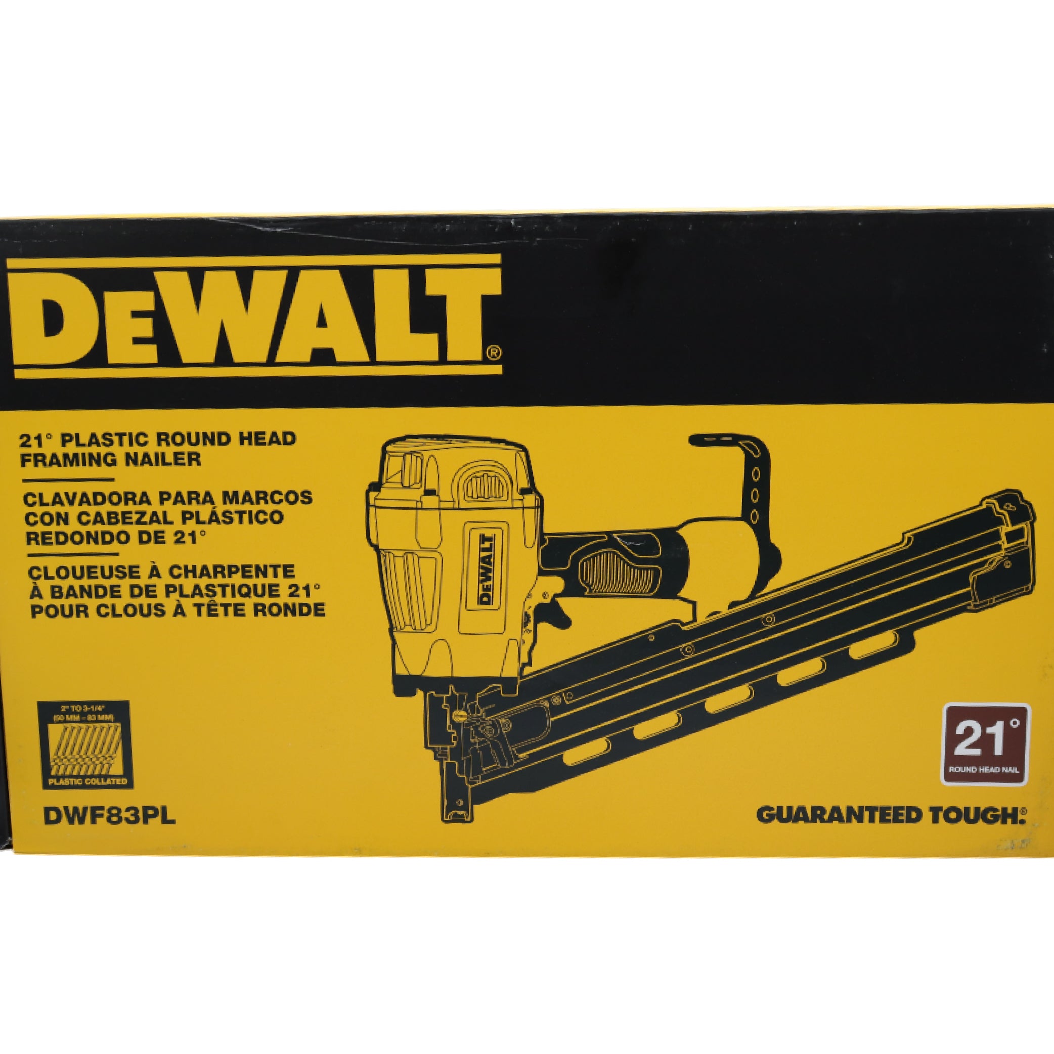 DEWALT DWF83PL 21-Degree Plastic Collated Framing Nailer (Pneumatic) – Lightweight, High Capacity, Adjustable Depth – Fits 2" to 3-1/2" Nails, Includes No-Mar Tip & Tool-Free Jam Release