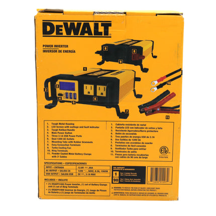 DEWALT DXAEPI1000 Power Inverter 1000W Car Converter with LCD Display: Dual 120V AC Outlets, 3.1A USB Ports, Battery Clamps