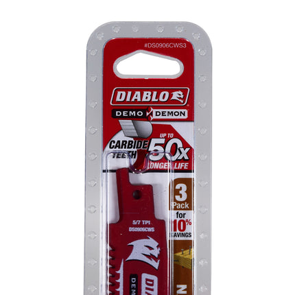Diablo DS0906CWS3 9" 5/7 TPI Demo Demon Carbide Teeth Reciprocating Saw Blades for Nail-Embedded Wood (3 Pack)