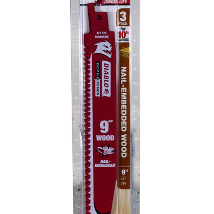 Diablo DS0906CWS3 9" 5/7 TPI Demo Demon Carbide Teeth Reciprocating Saw Blades for Nail-Embedded Wood (3 Pack)