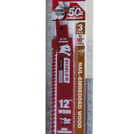 Diablo DS1206CWS3 12" 5/7TPI Demo Demon Carbide Teeth Reciprocating Saw Blades for Nail-Embedded Wood (3-Pack)