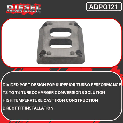 Diesel Power Source Divided T3 to T4 Turbo Flange Adapter – Cast Iron Exhaust Manifold Adapter Kit for Dodge Ram Cummins Diesel – Direct Bolt-On Performance Upgrade Turbo Conversion with Bolts & Studs